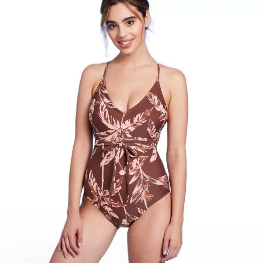 Brown Leaf Print Swimsuit
